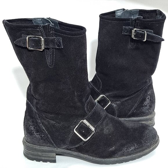 Paul Green Black Suede Distressed Moto Fall Boots Zipper Buckle - Picture 1 of 13